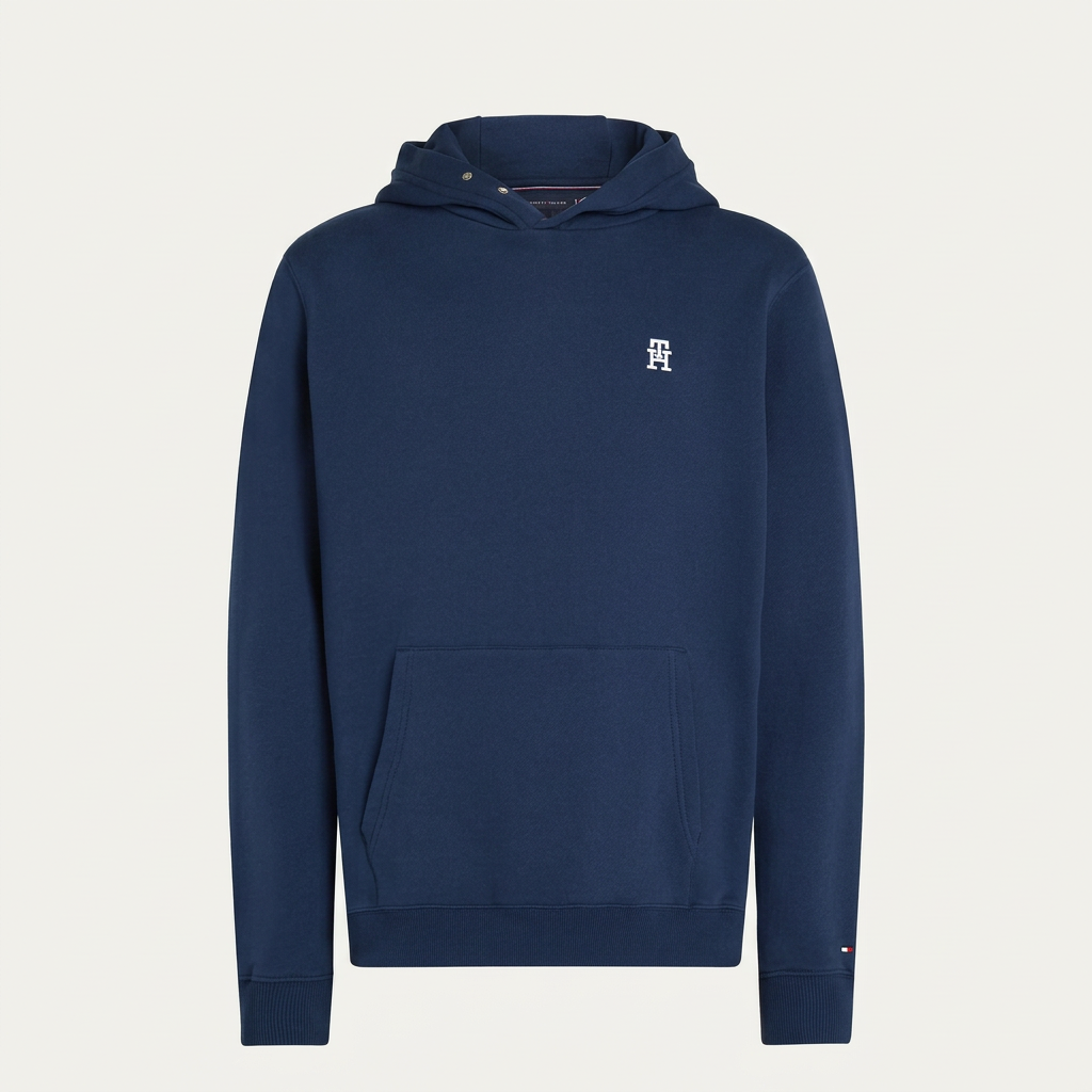 Sweat Tommy Hilfiger bleu marine vue de face en studio, visuel généré