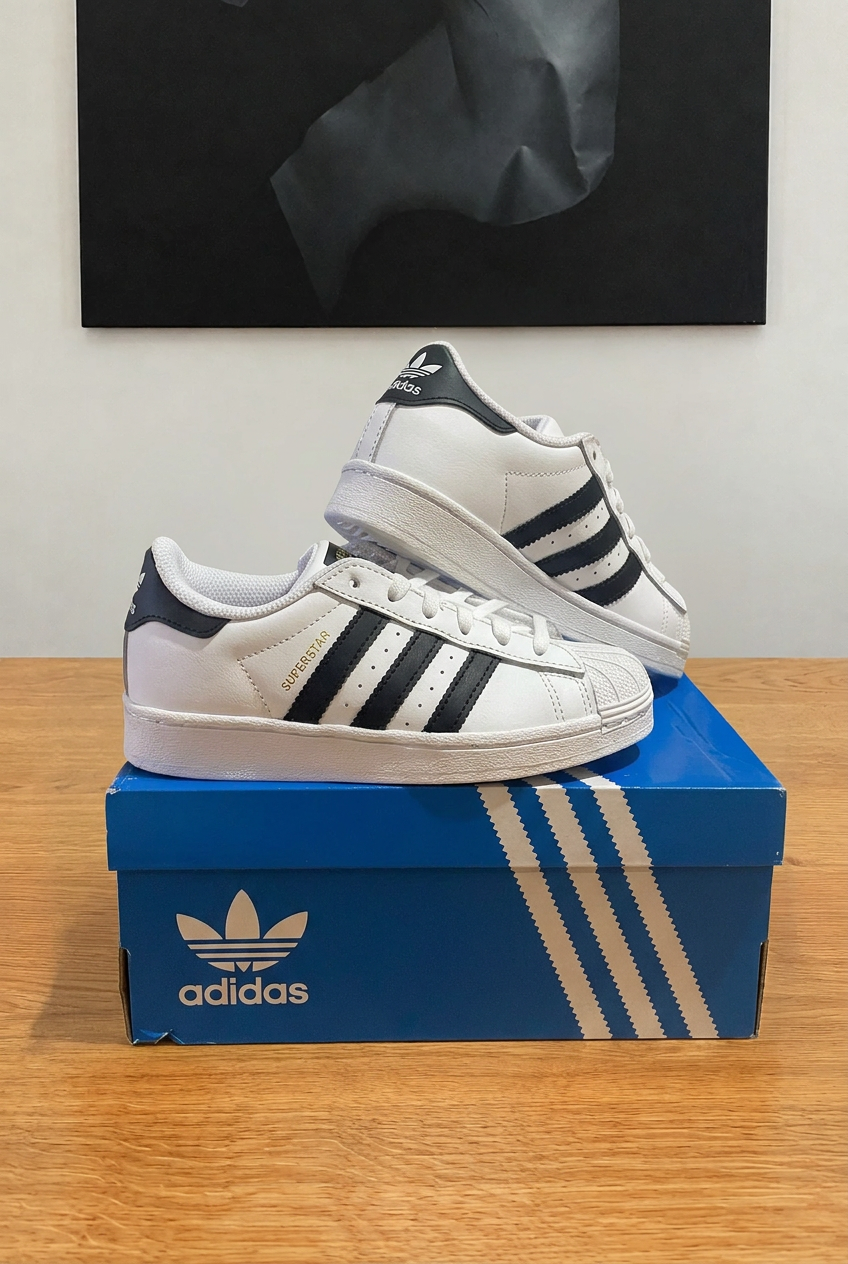 Adidas Superstar boîte bleue centrée, présentation de face style Shox, image retouchée