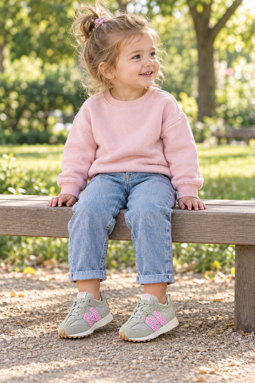 Petite fille assise sur un banc portant les New Balance NW327WT
