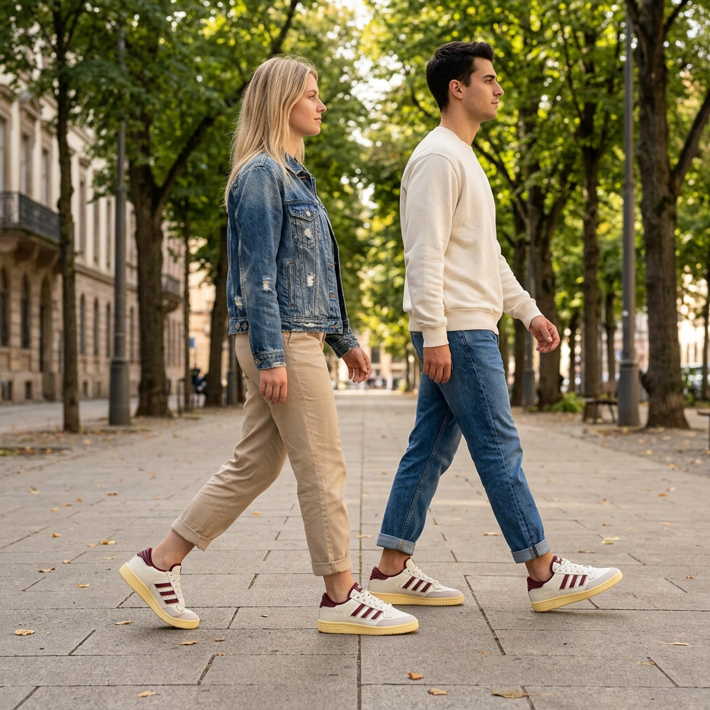 Illustration générée d’une femme de 23 ans et d’un homme de 25 ans en marche portant les Adidas Centennial 85 Low