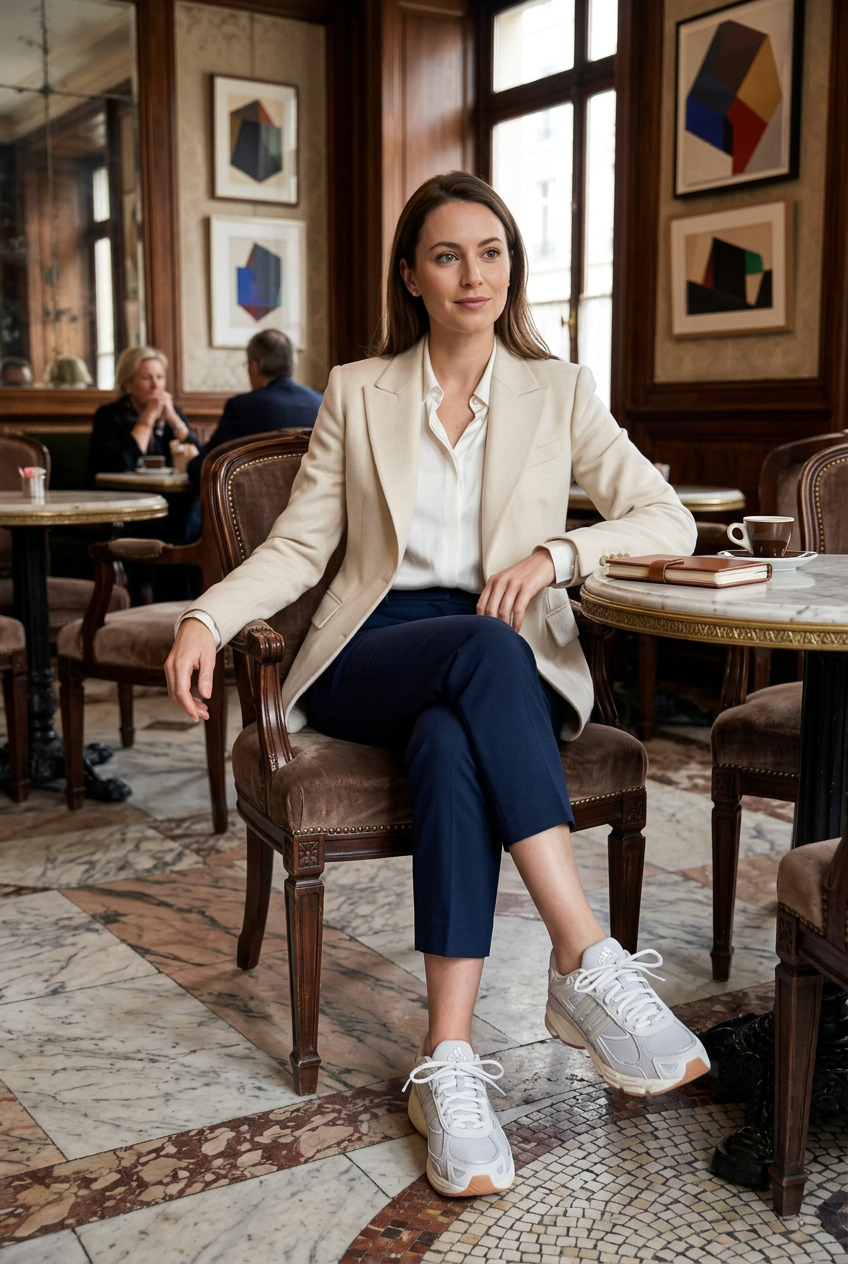 Femme assise en tenue classique portant les Response CL W, illustration générée