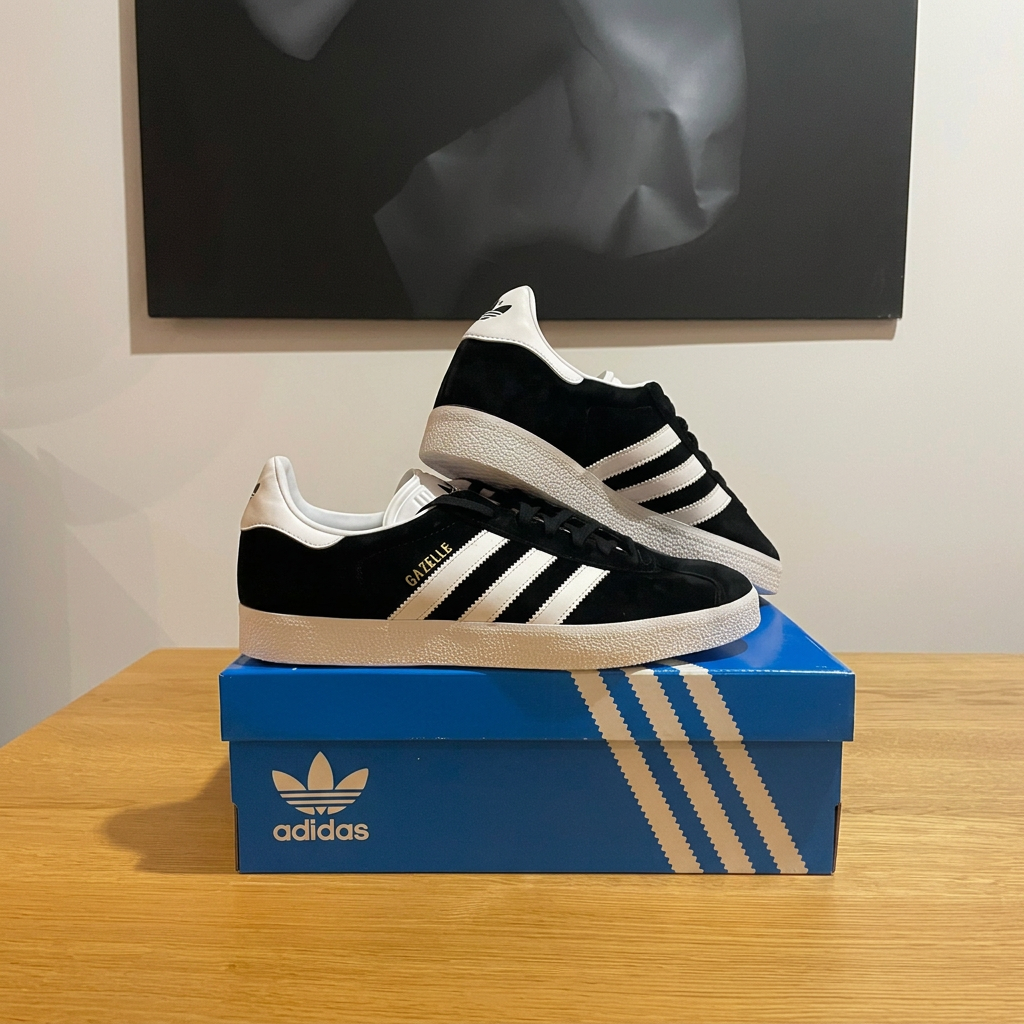 Adidas Gazelle noir blanc, photo de profil recentrée