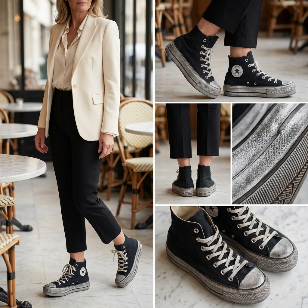 Montage cinq angles Converse portées par des femmes en tenues habillées, illustration générée